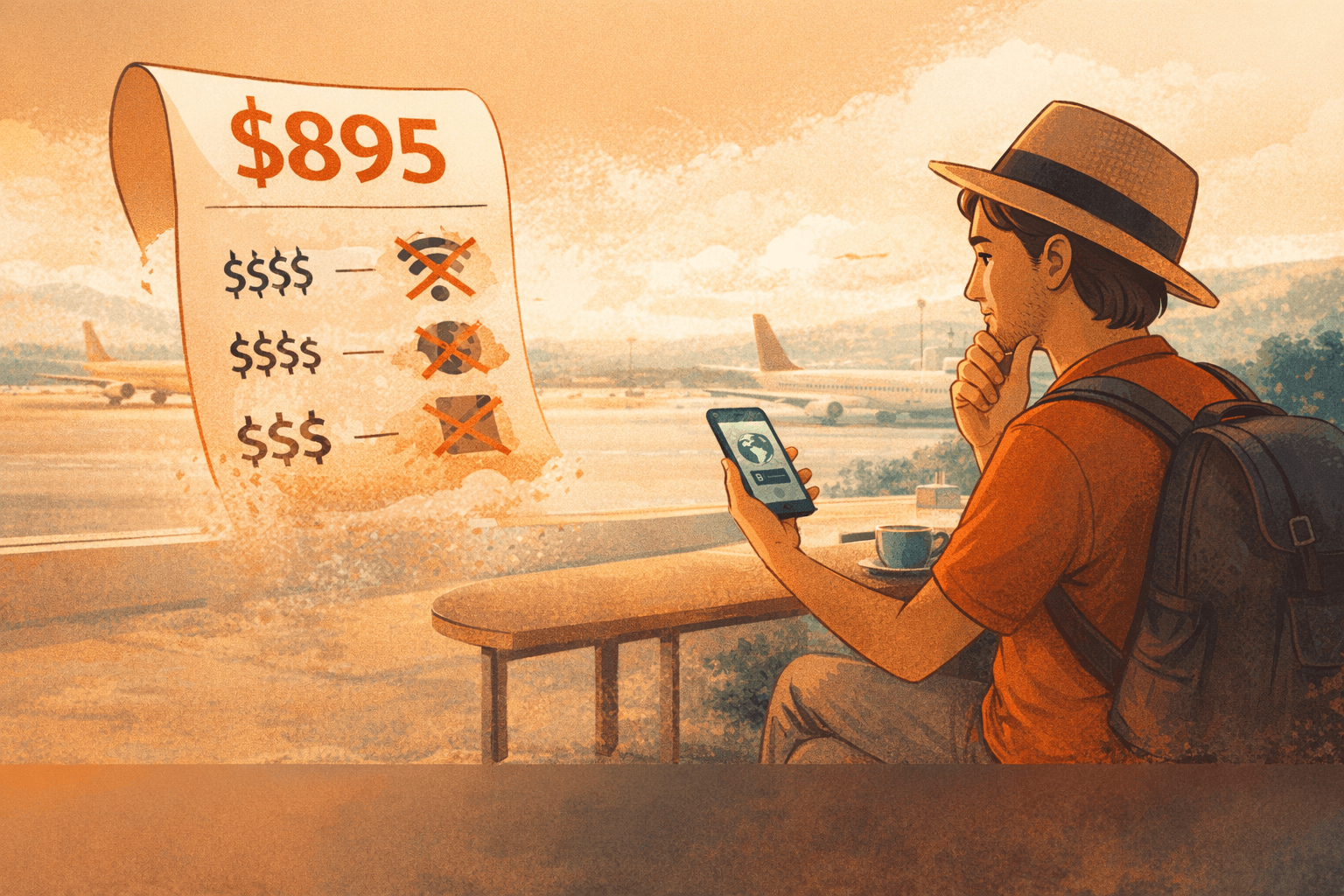 Cartoon traveler avoiding expensive roaming with an eSIM